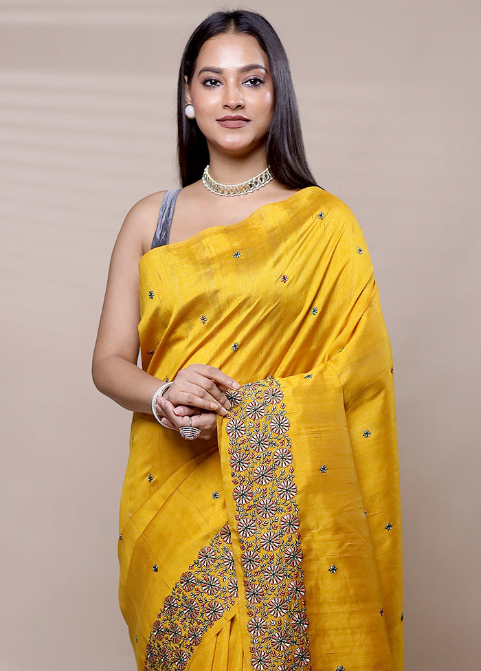 Yellow Tussar Silk Saree With Blouse Piece