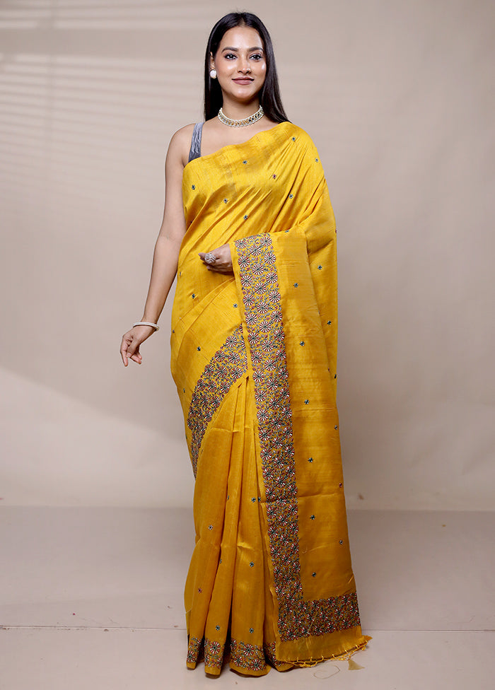 Yellow Tussar Silk Saree With Blouse Piece