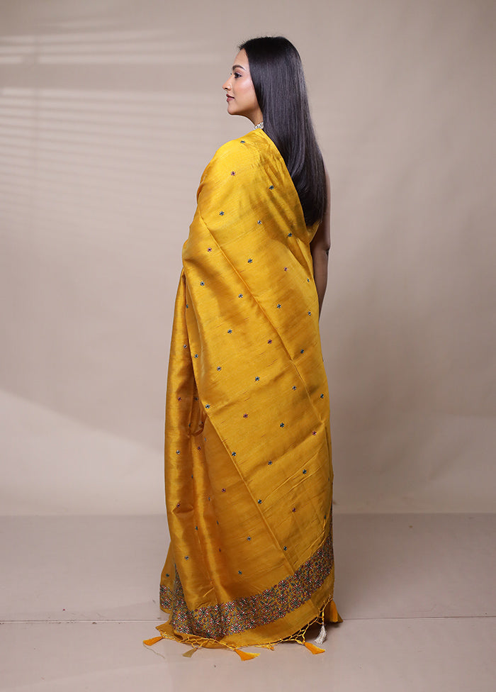 Yellow Tussar Silk Saree With Blouse Piece