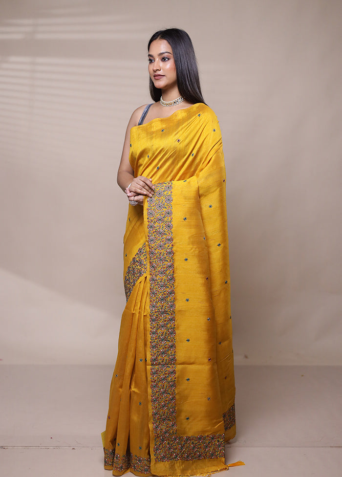 Yellow Tussar Silk Saree With Blouse Piece