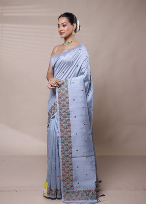 Grey Tussar Silk Saree With Blouse Piece