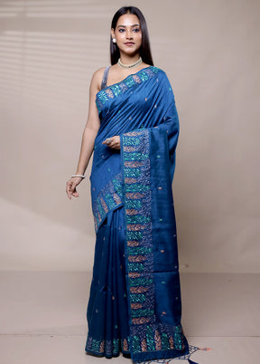 Blue Tussar Silk Saree With Blouse Piece