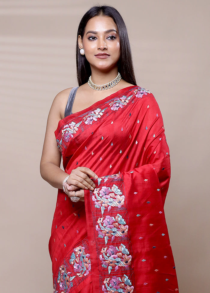 Red Tussar Silk Saree With Blouse Piece