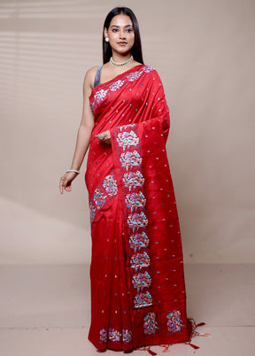 Red Tussar Silk Saree With Blouse Piece