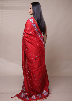 Red Tussar Silk Saree With Blouse Piece