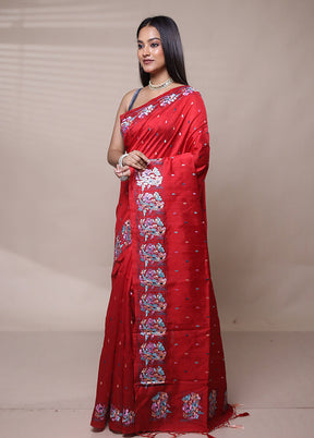 Red Tussar Silk Saree With Blouse Piece