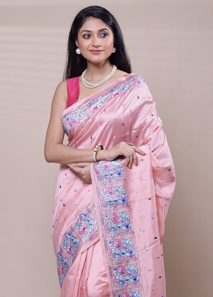 Pink Tussar Silk Saree With Blouse Piece