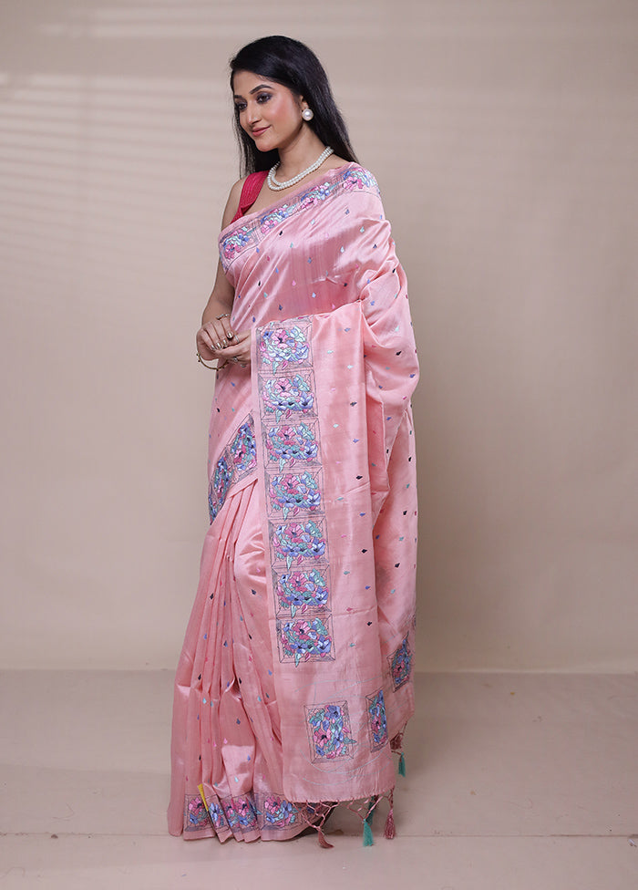 Pink Tussar Silk Saree With Blouse Piece