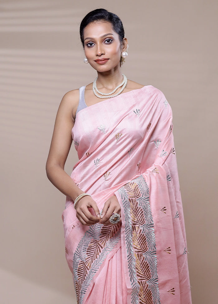 Pink Tussar Silk Saree With Blouse Piece