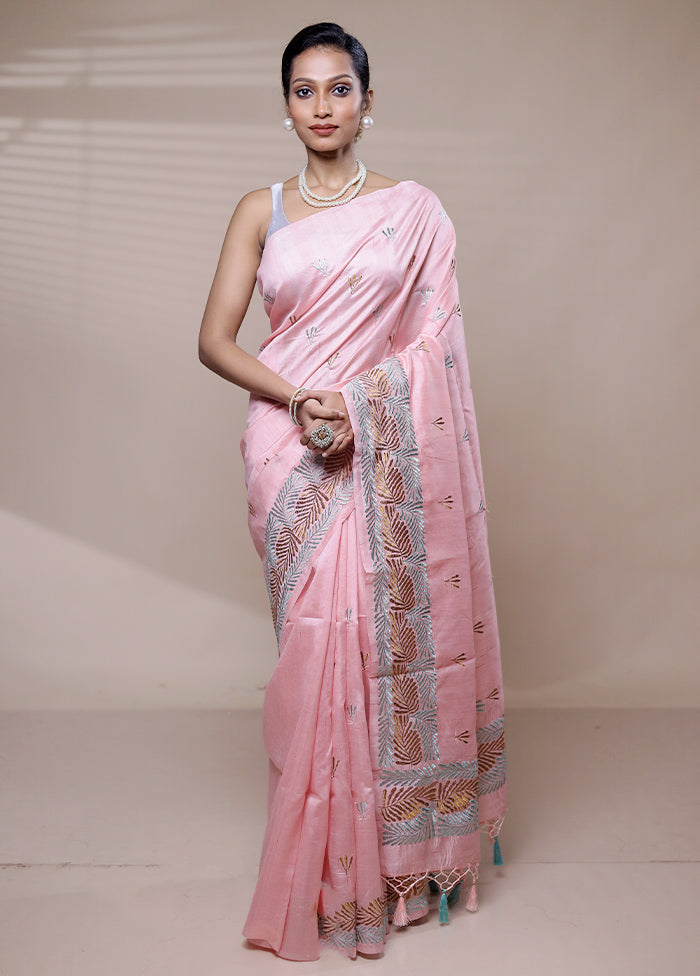 Pink Tussar Silk Saree With Blouse Piece