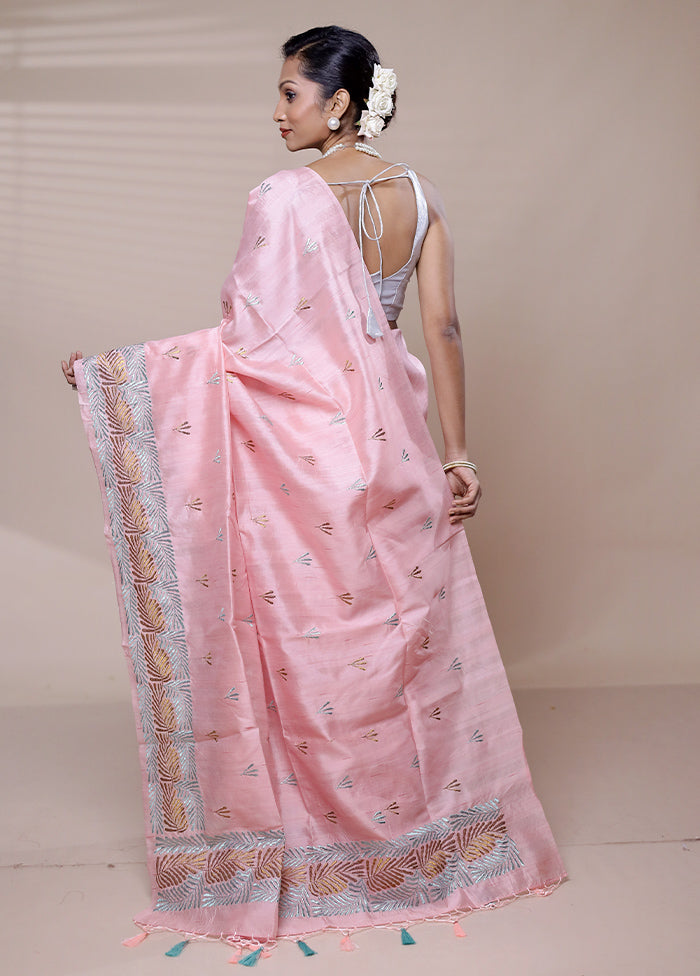 Pink Tussar Silk Saree With Blouse Piece