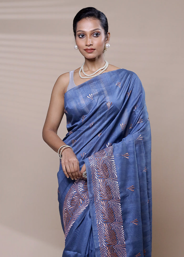 Blue Tussar Silk Saree With Blouse Piece