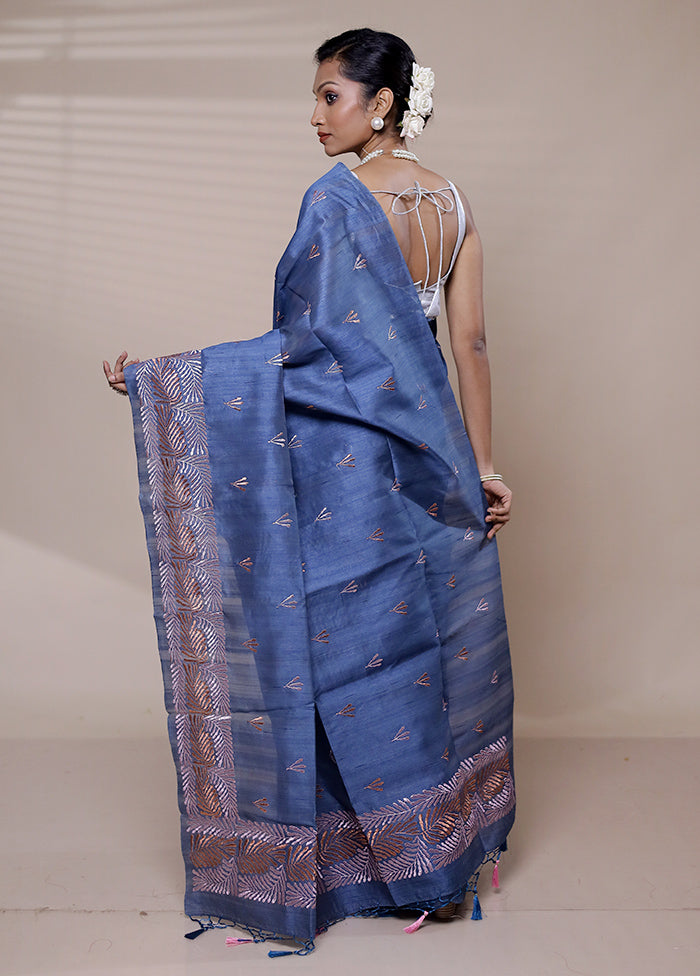 Blue Tussar Silk Saree With Blouse Piece