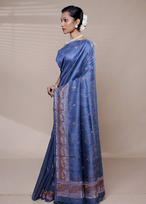 Blue Tussar Silk Saree With Blouse Piece