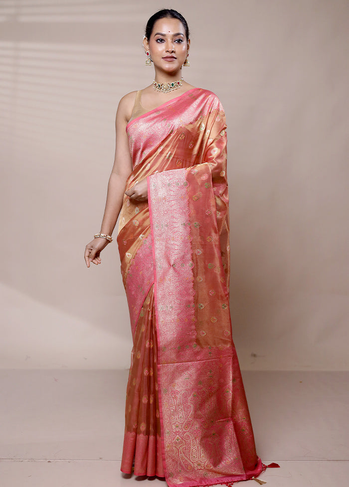 Peach Tissue Silk Saree With Blouse Piece