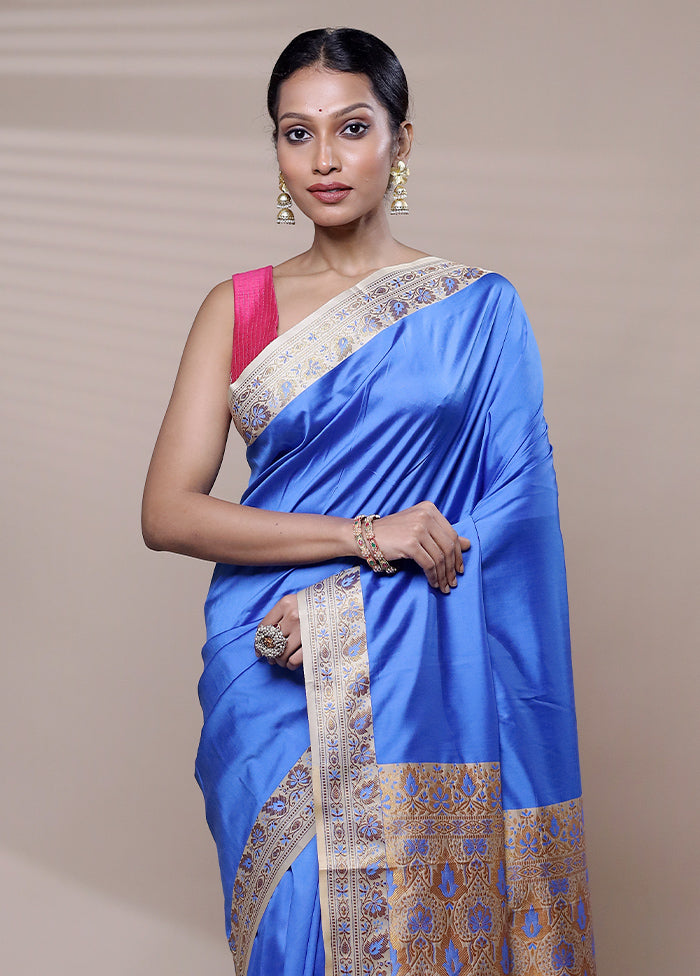 Blue Dupion Silk Saree With Blouse Piece