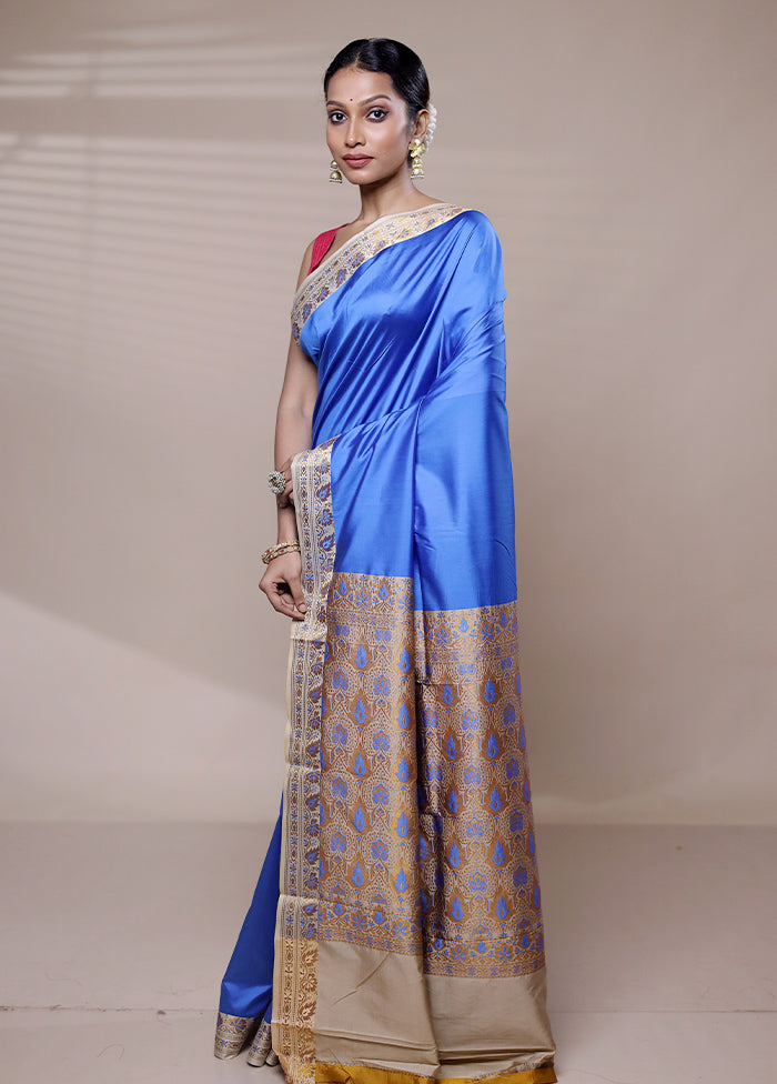 Blue Dupion Silk Saree With Blouse Piece