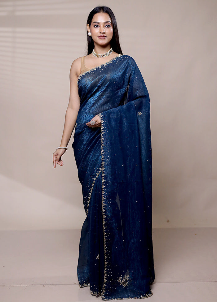 Blue Chiffon Silk Saree With Blouse Piece