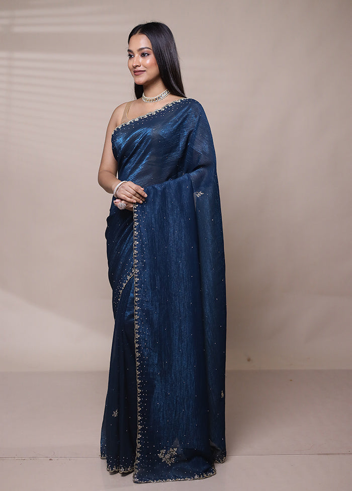 Blue Chiffon Silk Saree With Blouse Piece