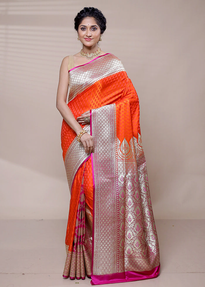 Orange Banarasi Silk Saree With Blouse Piece