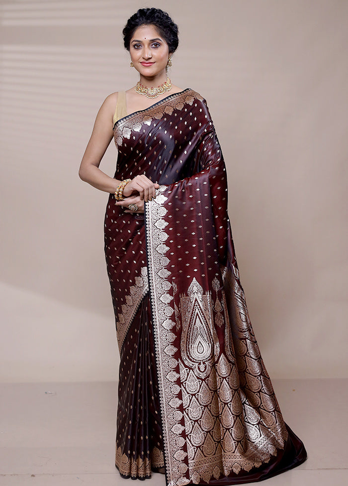 Wine Banarasi Silk Saree With Blouse Piece