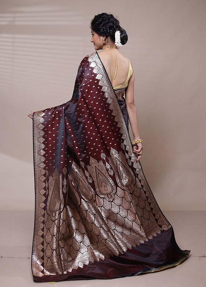 Wine Banarasi Silk Saree With Blouse Piece