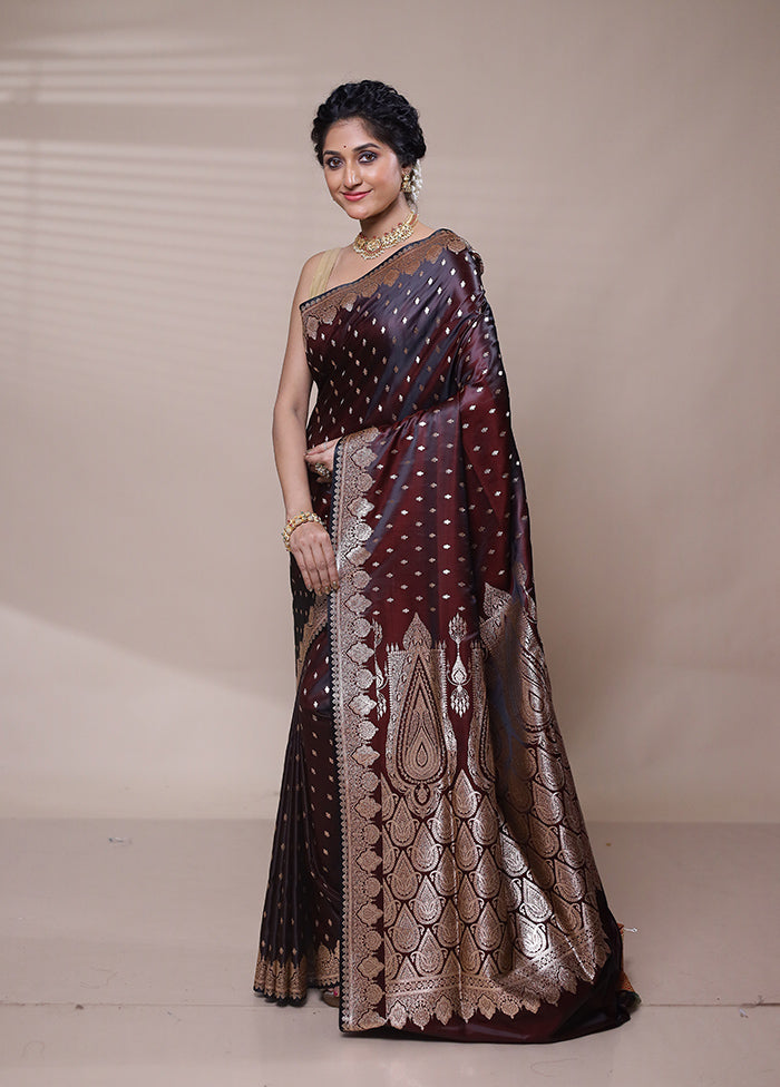 Wine Banarasi Silk Saree With Blouse Piece