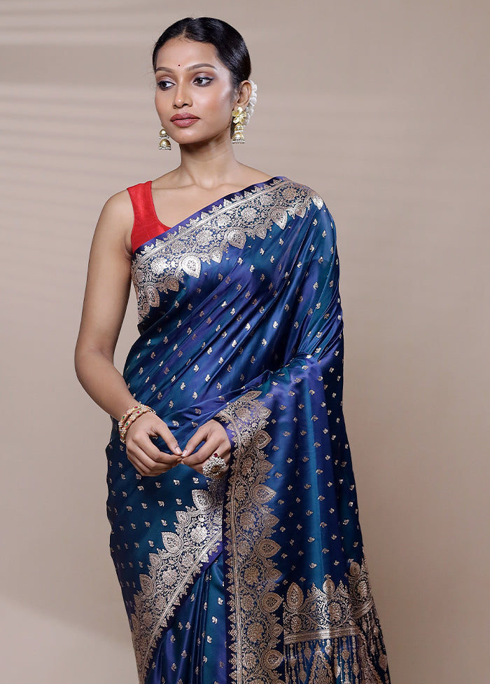 Blue Banarasi Silk Saree With Blouse Piece