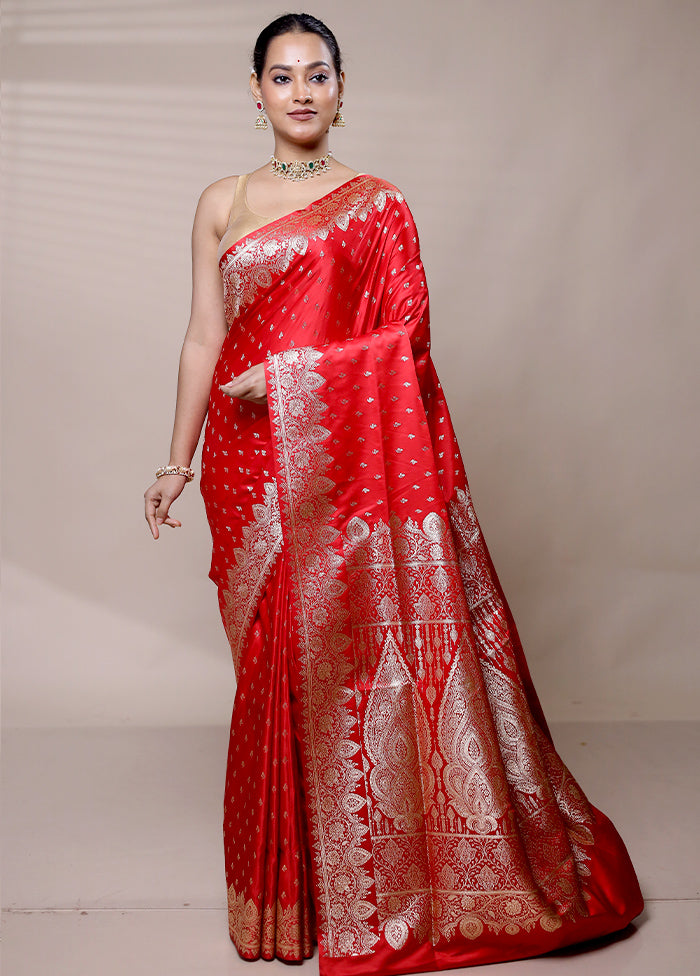 Red Banarasi Silk Saree With Blouse Piece