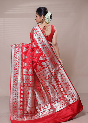 Red Banarasi Silk Saree With Blouse Piece