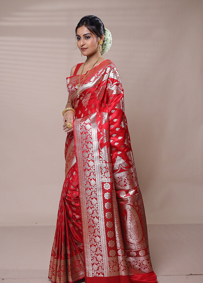 Red Banarasi Silk Saree With Blouse Piece