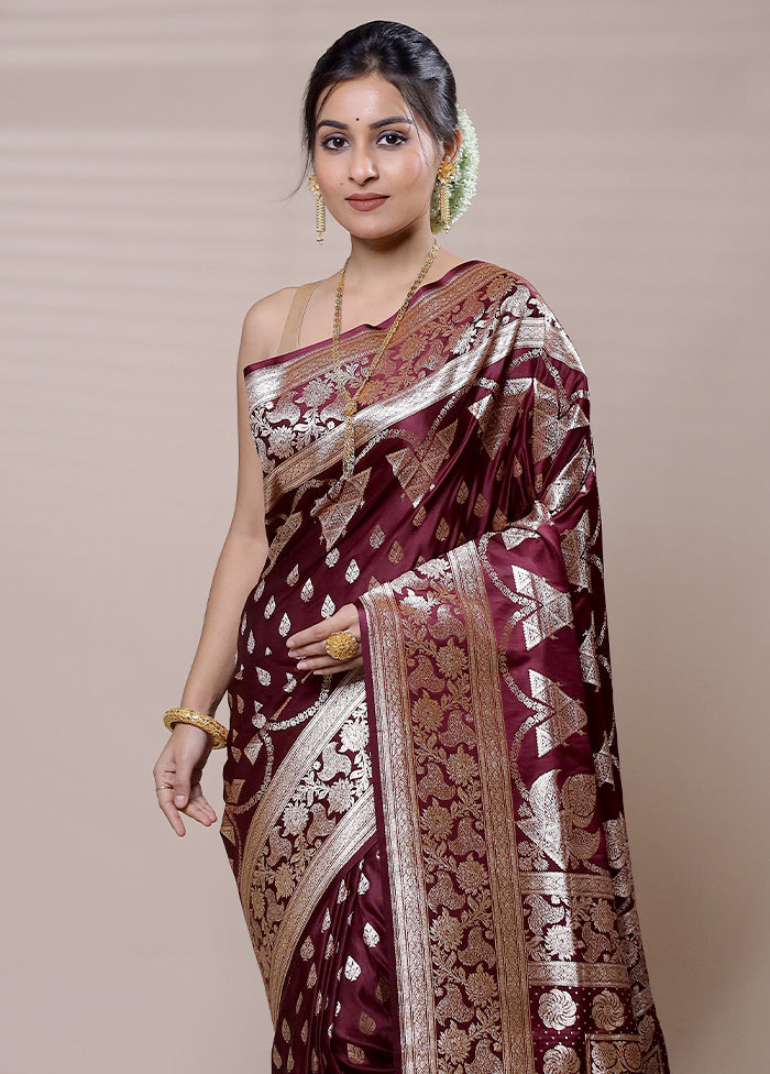 Maroon Banarasi Silk Saree With Blouse Piece