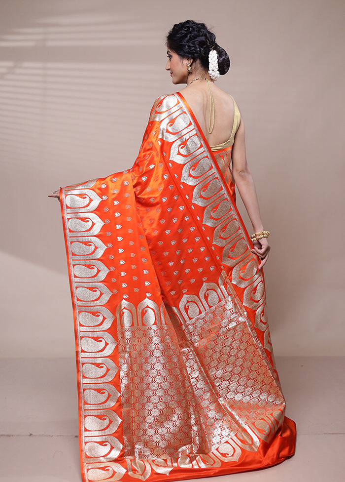 Orange Banarasi Silk Saree With Blouse Piece