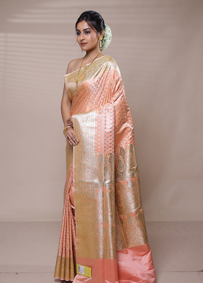 Peach Banarasi Silk Saree With Blouse Piece