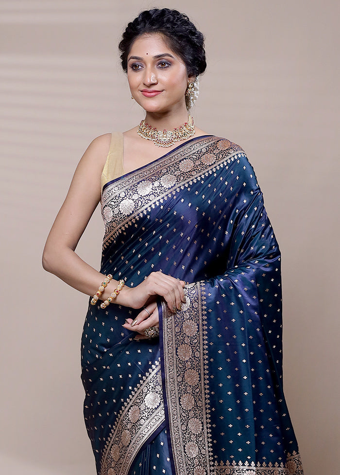 Blue Banarasi Silk Saree With Blouse Piece