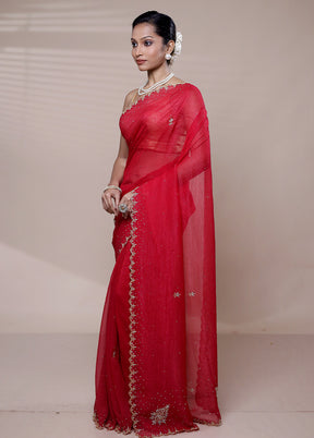 Red Chiffon Silk Saree With Blouse Piece