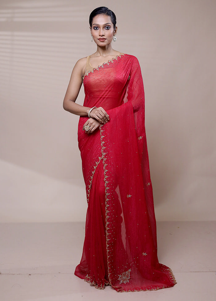 Red Chiffon Silk Saree With Blouse Piece