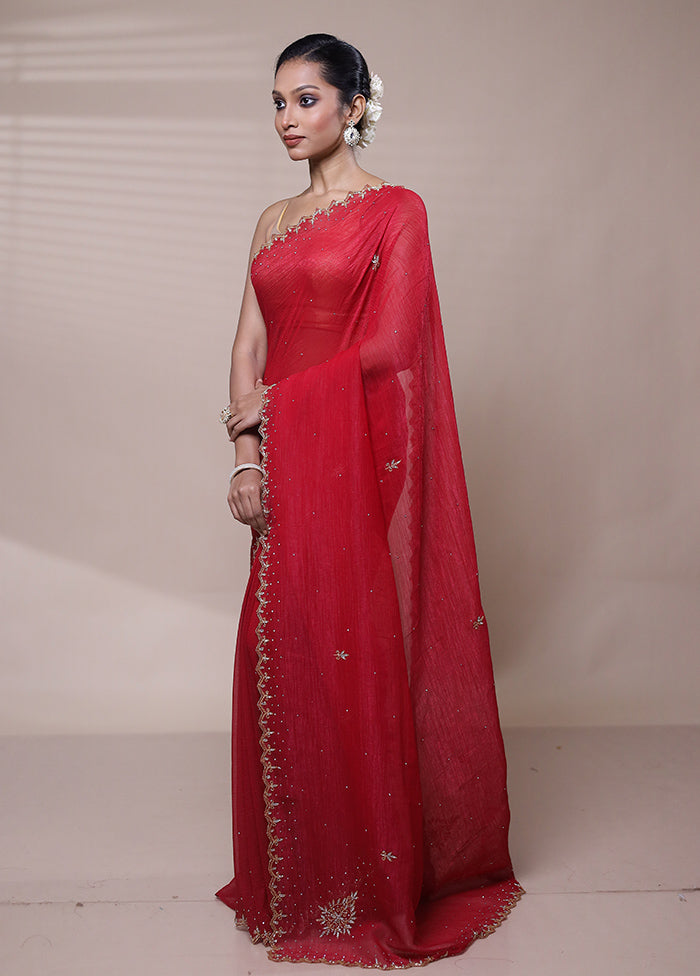 Red Chiffon Silk Saree With Blouse Piece