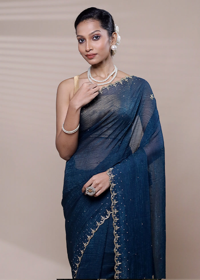 Blue Chiffon Silk Saree With Blouse Piece