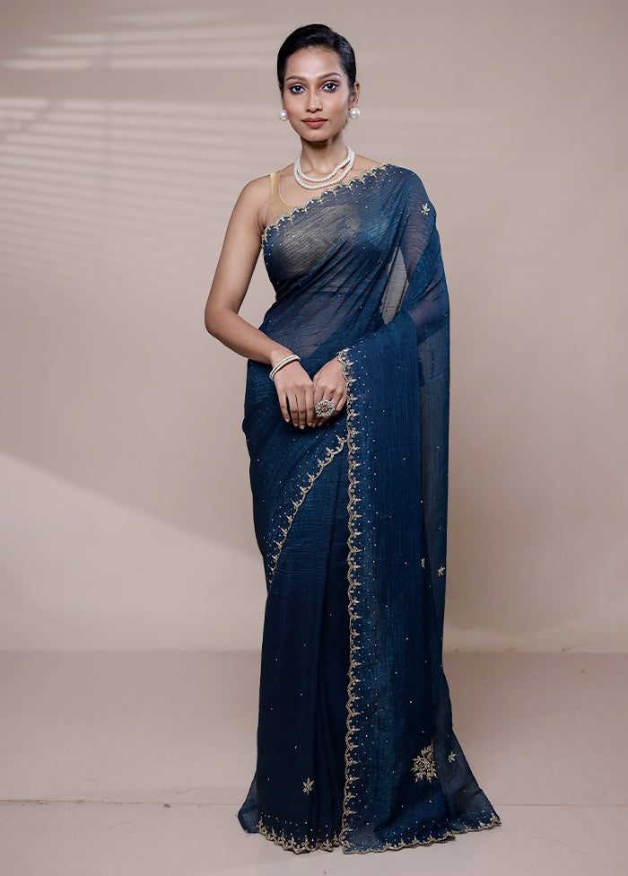 Blue Chiffon Silk Saree With Blouse Piece