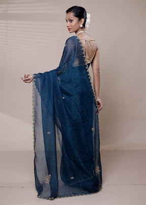 Blue Chiffon Silk Saree With Blouse Piece