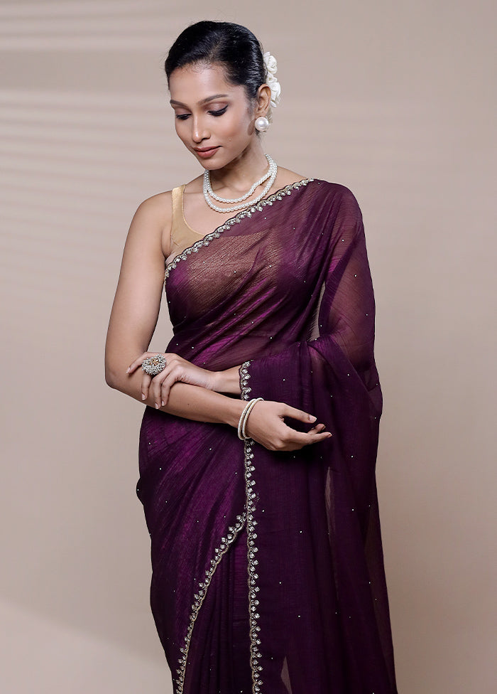 Wine Chiffon Silk Saree With Blouse Piece