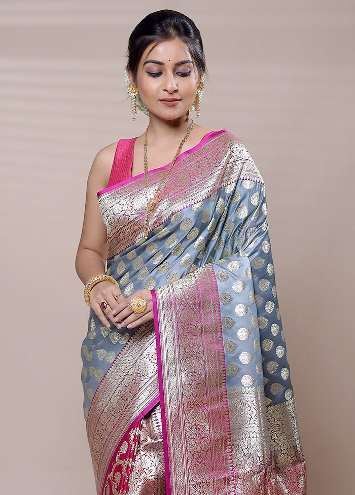 Grey Banarasi Silk Saree With Blouse Piece