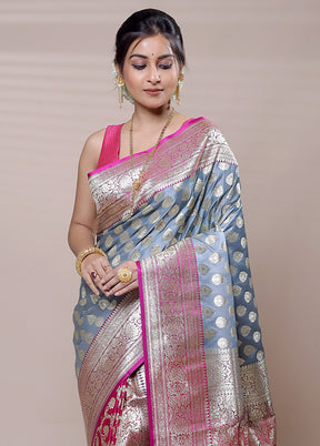 Grey Banarasi Silk Saree With Blouse Piece