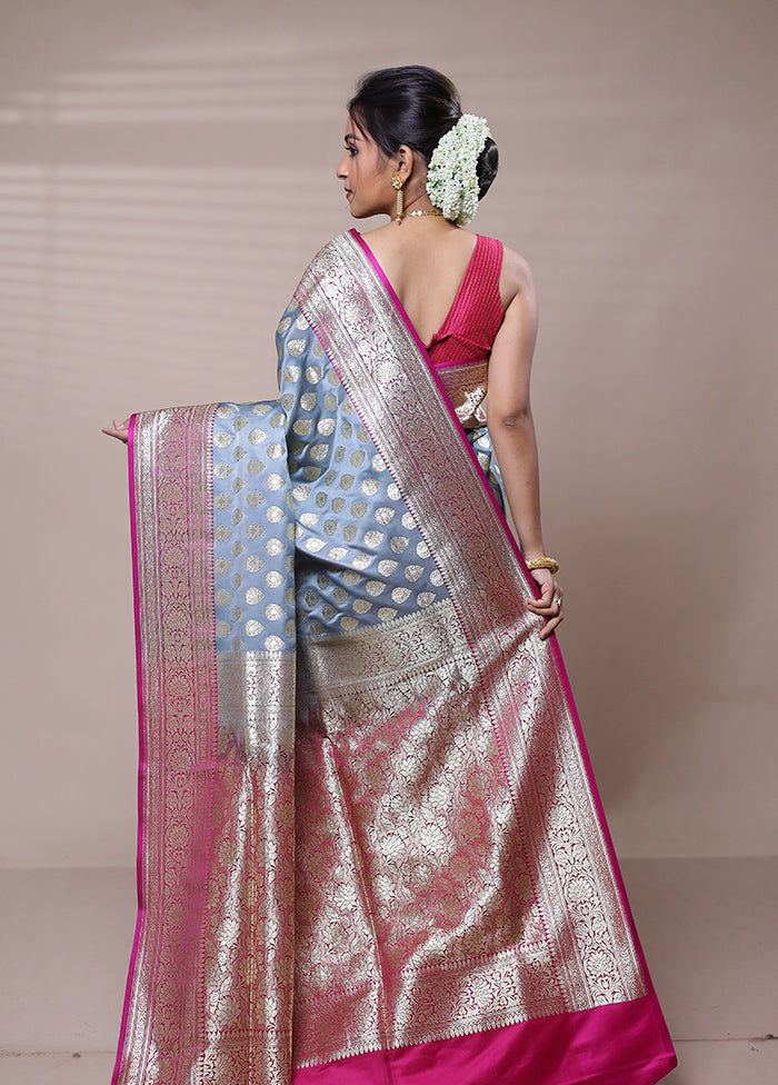 Grey Banarasi Silk Saree With Blouse Piece