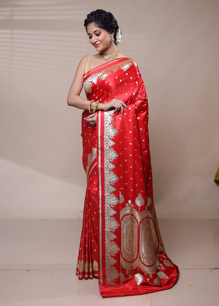 Red Banarasi Silk Saree With Blouse Piece