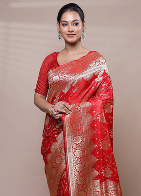 Red Banarasi Silk Saree With Blouse Piece