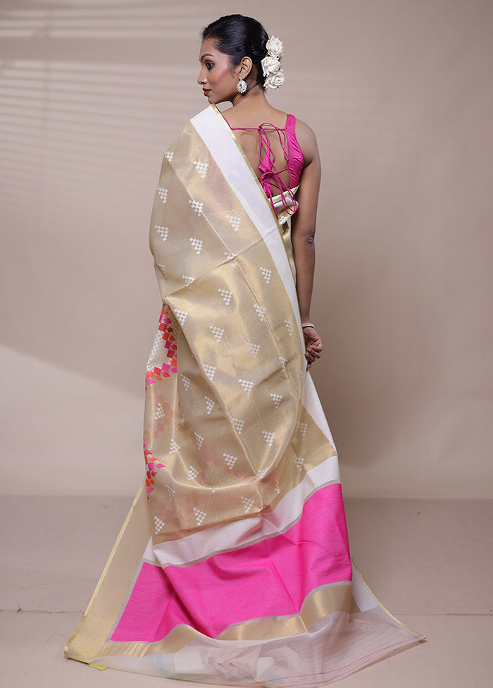 Cream Net Saree With Blouse Piece