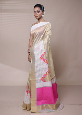 Cream Net Saree With Blouse Piece