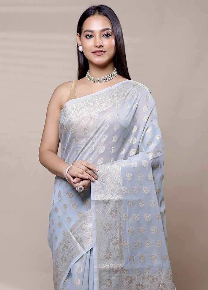 Grey Net Saree With Blouse Piece